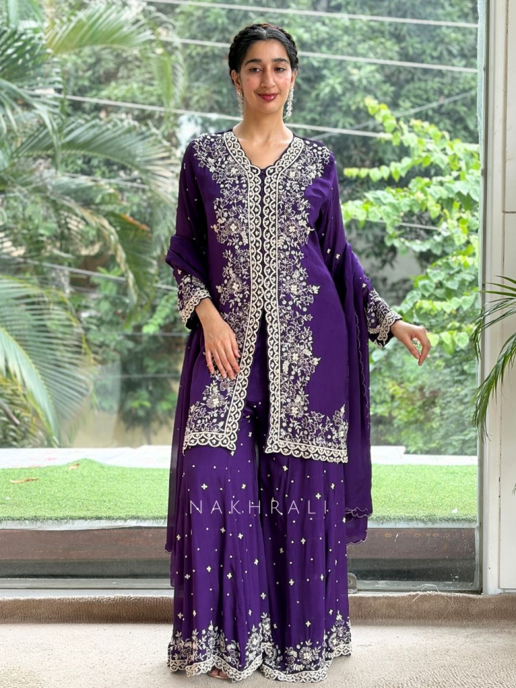 Image of Glacier Bloom Purple Plazzo Suit Set