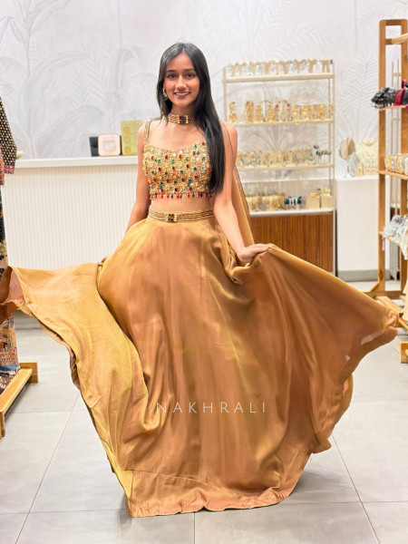 Sorina Golden Indo-Western Lehenga Set with Sequin and Stone Work