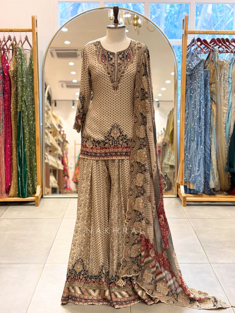 Image of Noor-e-Shaba Beige Gharara Set with Embroidery