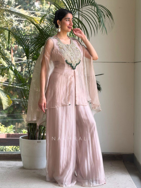 Rivasha Light Pink Kaftan Set with Sequin and Bead Embellished Yoke