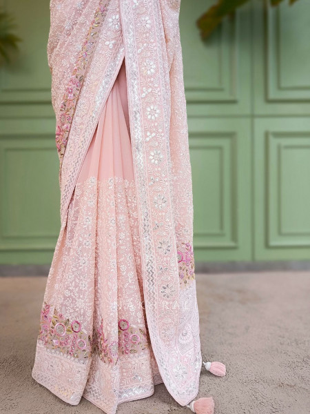 Ecru Grace Pink Embroidered Elegance Saree with Sequin Detailing