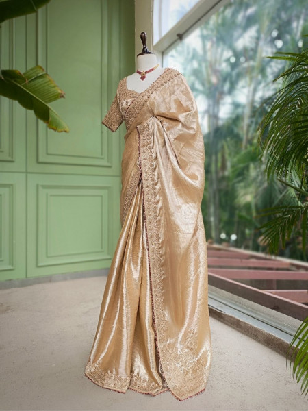 Gilded Noor Golden Premium Tissue Silk Blend Saree With Readymade Blouse