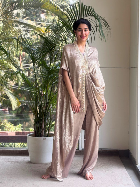 Aarvika Beige Metallic Indo-Western Kaftan Set with Embellished Neckline
