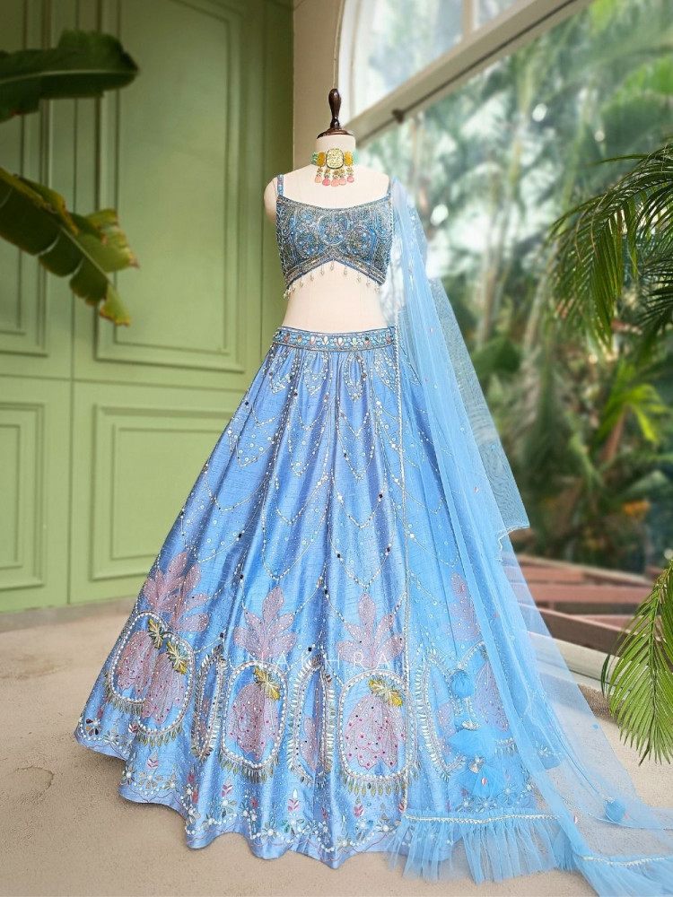 Image of Aurora Bloom Blue Lehenga with Sequin, Mirror, Pearl and Cut Dana Work