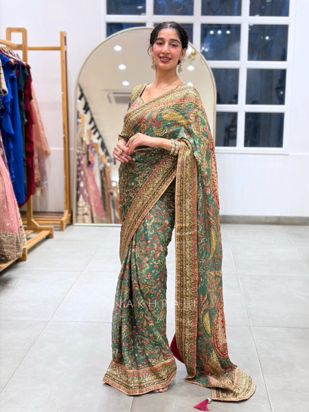 Talia Teal Green Chinon Crepe Silk Blend Saree