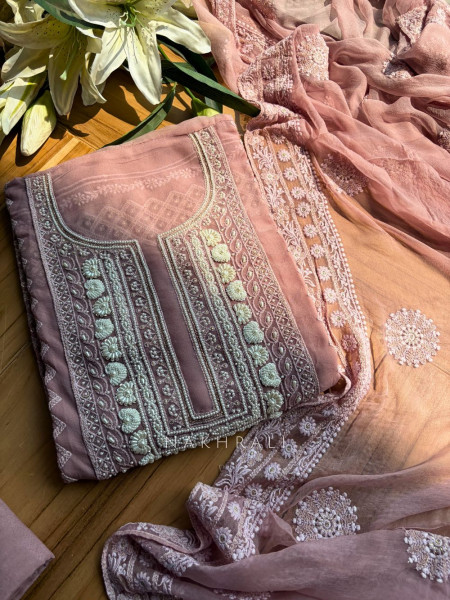 Avarna Mauve Pearl Beads Embroidered Dress Material