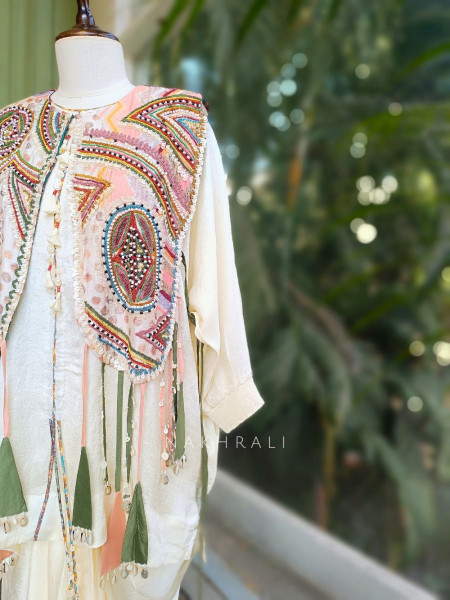 Elaria Cream Indo-Western Jacket Set with Embroidery