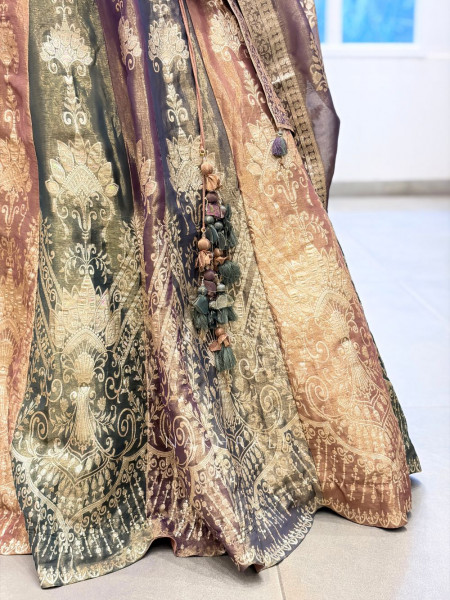 Itrh Brown & Green Tissue Silk Indo-Western Lehenga