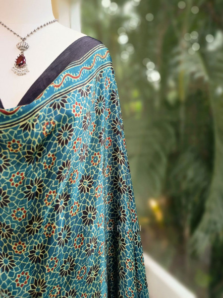 Navera Green Modal Silk Dupatta with Ajrakh Print