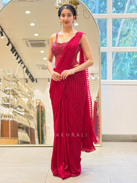 Magenta Sequin Mirror Drape Saree