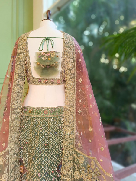 Kivra Green Lehenga Set with Multicolor Embroidery and Dupatta
