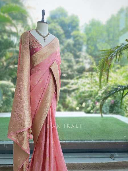 Solmira Pink Tissue Silk Saree with Running Blouse Piece