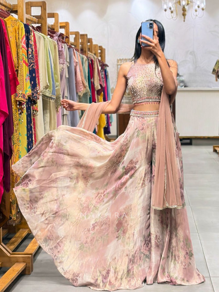 Kiyana Lilac Indo Western Crop Top Plazzo Set with Stone Work