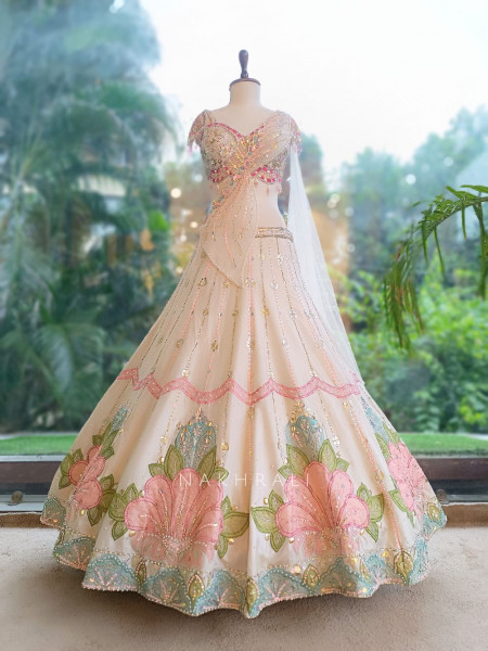 Solaris Petal Off-White Satin Silk & Soft Net Lehenga