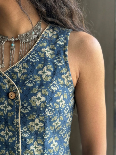 Flexora Blue Printed Sleeveless Top with Overlap Neck Detail