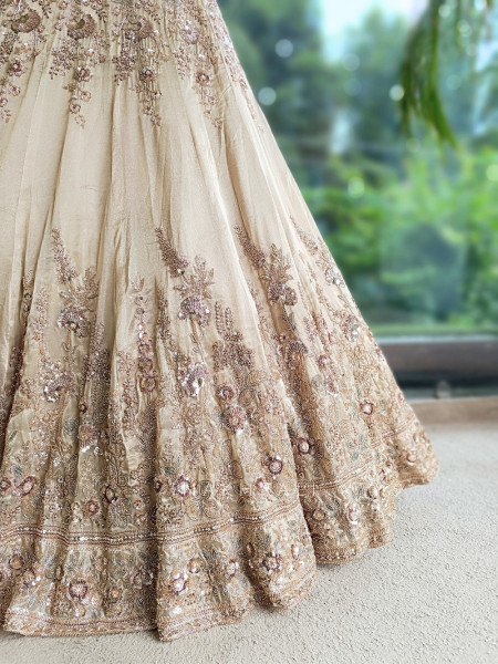 Tvarika Beige Tissue Organza Bridal Lehenga With Zardozi Tilla & Scalloped Work