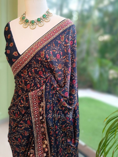 Blue Floral Ajrak Modal Silk Saree