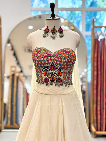 Azure Cream Georgette Indo Western Lehenga with Thread and Mirror Work
