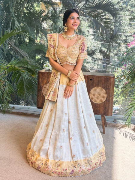 Aarini Golden Silk Saree with Embroidered Readymade Blouse