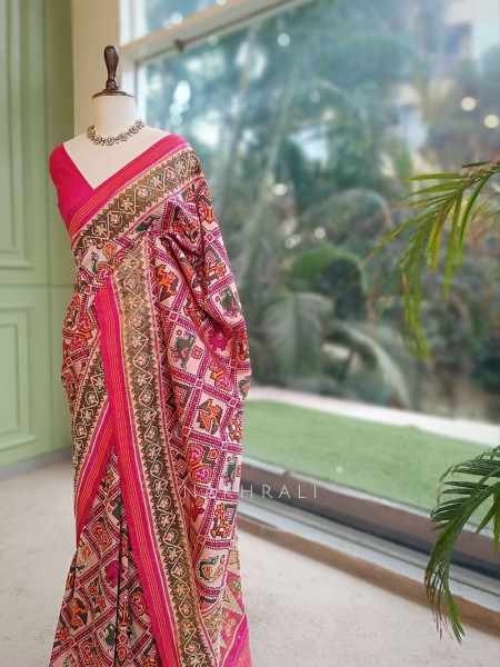 Varnamala Red Patola Silk Saree with Multicolor Elephant & Peacock Motifs and Zari Border