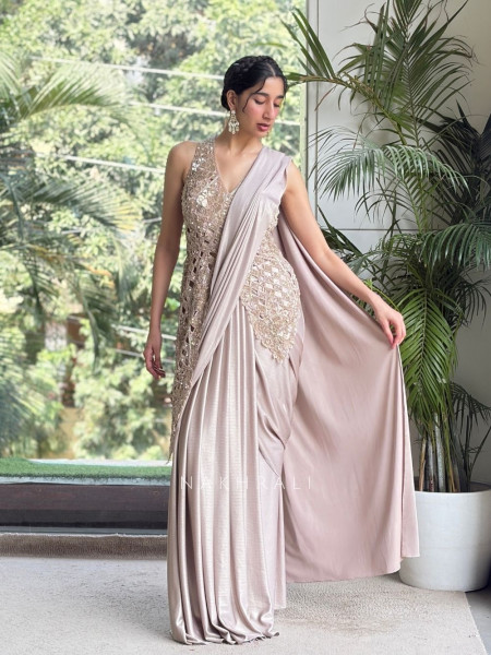 Aurelia Lattice Brown Drape Saree