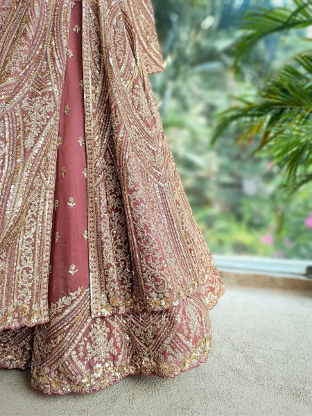 Blush Bloom Pink Achkan Pattern Lehenga with Zari Sequin Work