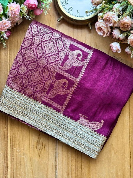 Tavira Wine Saree with Broad Border and Unstitched Blouse Piece