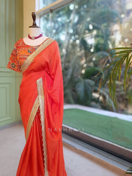 Rati Orange Saree with Gota Patti Border & Multicolor Embroidered Readymade Blouse