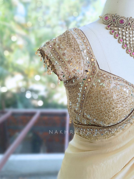chandrika Golden Saree with Mirror Sequin and Cut Dana Border