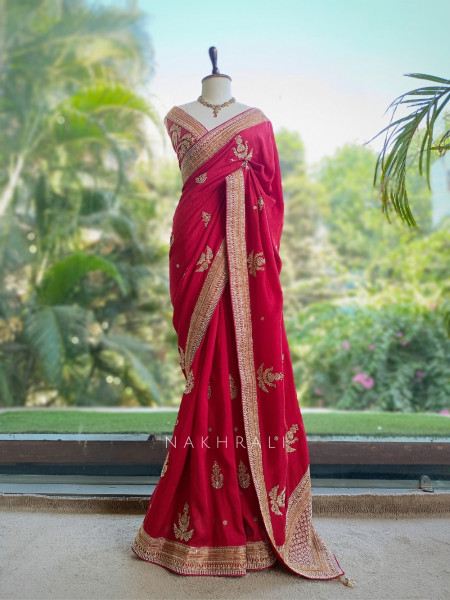 Tarang Cherry Red Saree With Zardozi, Pitta & Gota Patti Work