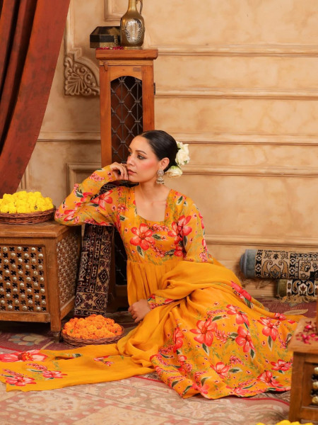 Gulzaar  Yellow Organza Anarkali Suit Set with Floral Print