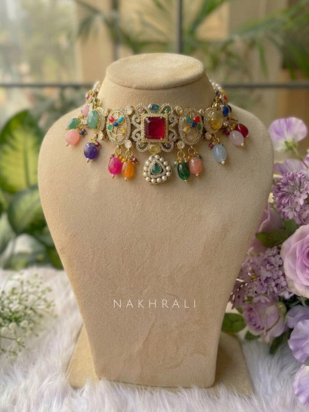 Chitramani Magenta Multicolor  Choker Necklace Set With Multicolor Stone & Bead Detail