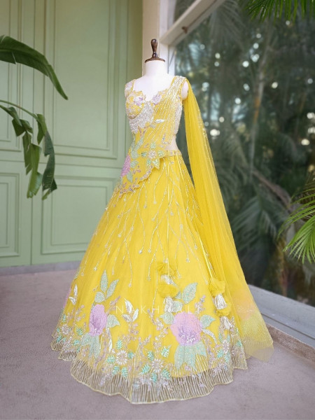 Floral Symphony Yellow Indo-Western Lehenga Set