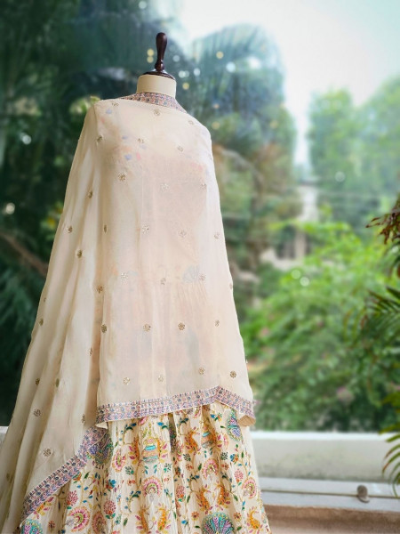 Elysian Cream Printed Lehenga with Intricate Detailing