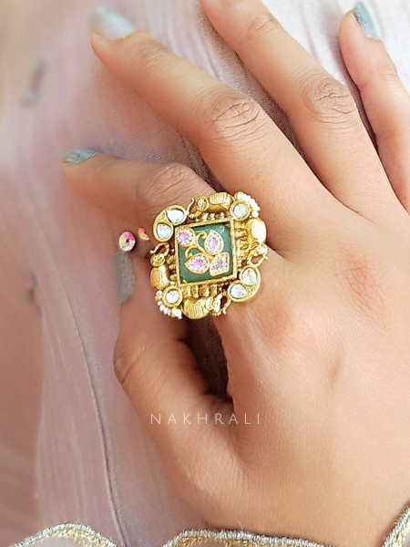 Royal Enamel Green Square Ring with Kundan & Pearl Detailing