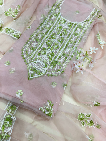Foliage Frost Pink Organza Luxury Dress Material