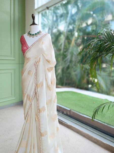 Kusumrekha Cream Georgette / Chinnon Silk With Saree with Contrast Running Blouse
