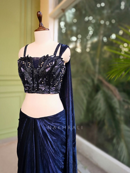 Neelvira Blue Crop Top Drape Skirt Set with Sequin & Cut Dana Work