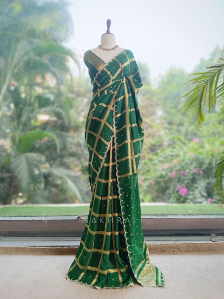 Asmi Green Chinon Silk Zari Check Saree