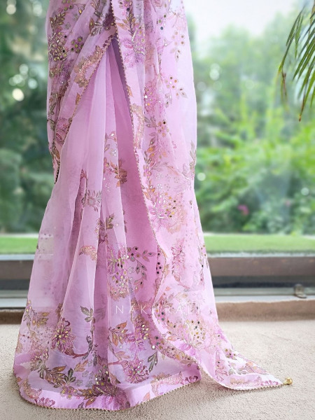 Petal Gleam Lavender Floral Silk Organza Saree