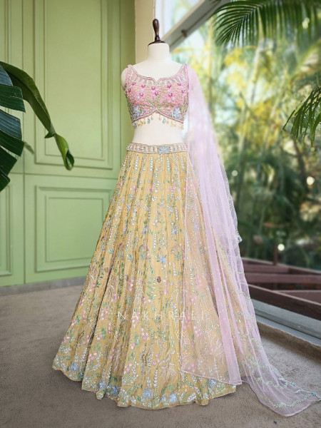 Madhulika Mehendi Green Net Lehenga Set with Floral Sequin Work
