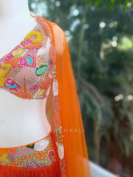 Raviera Orange Lehenga Set with Bead Embroidered Blouse