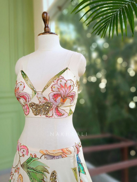 Averelle Off-White Floral Indo-Western Lehenga with Sequin Embroidery