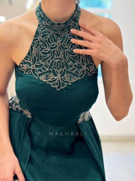 Elowen Green Halter Neck Long Dress with Cut Dana Work