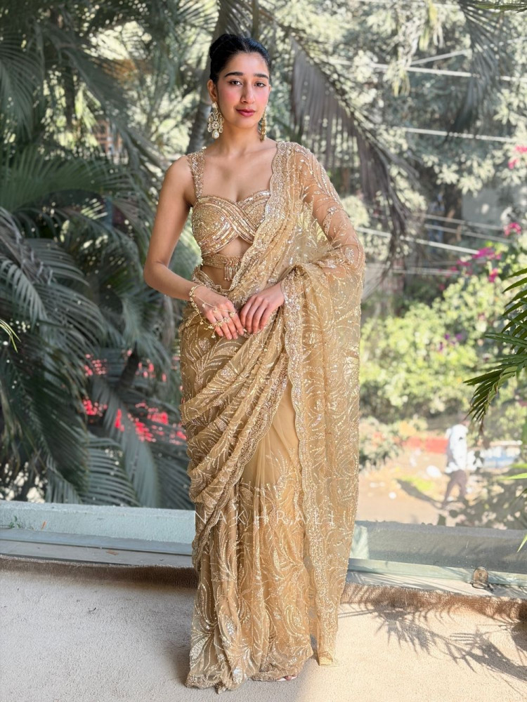 Image of Zehra Gold Sequin Drape Saree with Cut Dana Blouse