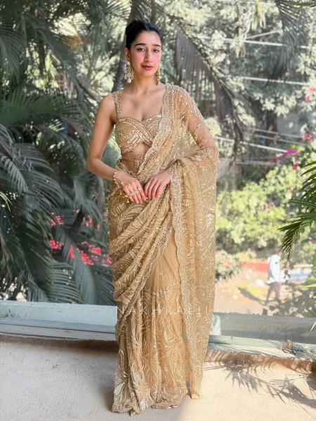 Zehra Gold Sequin Drape Saree with Cut Dana Blouse