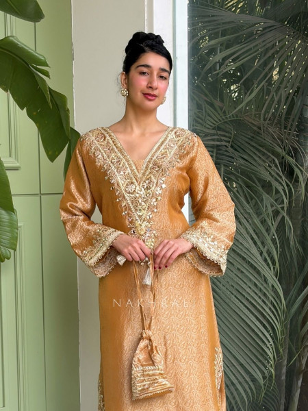 Kyra Mustard  Straight Dress with Mirror Zari Work