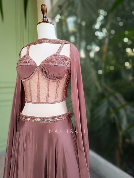 Fern Brown Corset Lehenga with Cut Dana Work