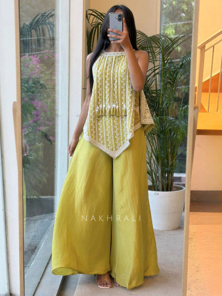 Citrine Parrot Green Indo Western Palazzo Set with Bead Work & Tassel Neck Detail