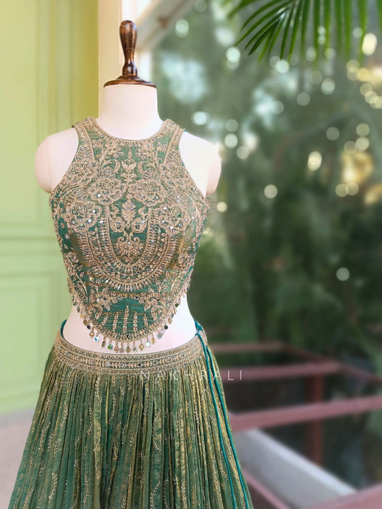 Image of Mirelle Sea Green Lehenga Set with Embroidery and Mirror Work